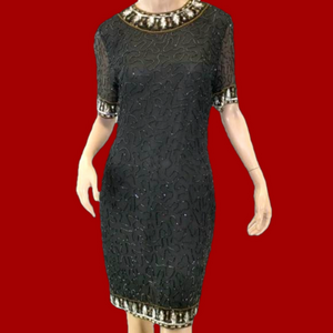 Vintage A.J Bari 100% silk fully beaded cocktail mini dress black size 12